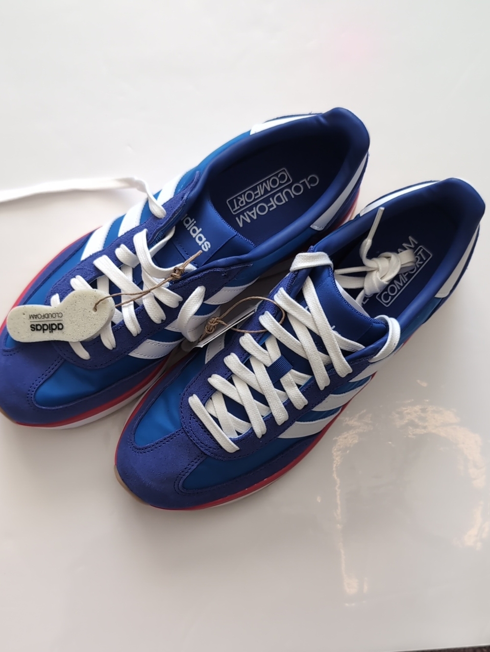 adidas Women's s Blue and White Cloudfoam Runner Sneakers with Red Trim